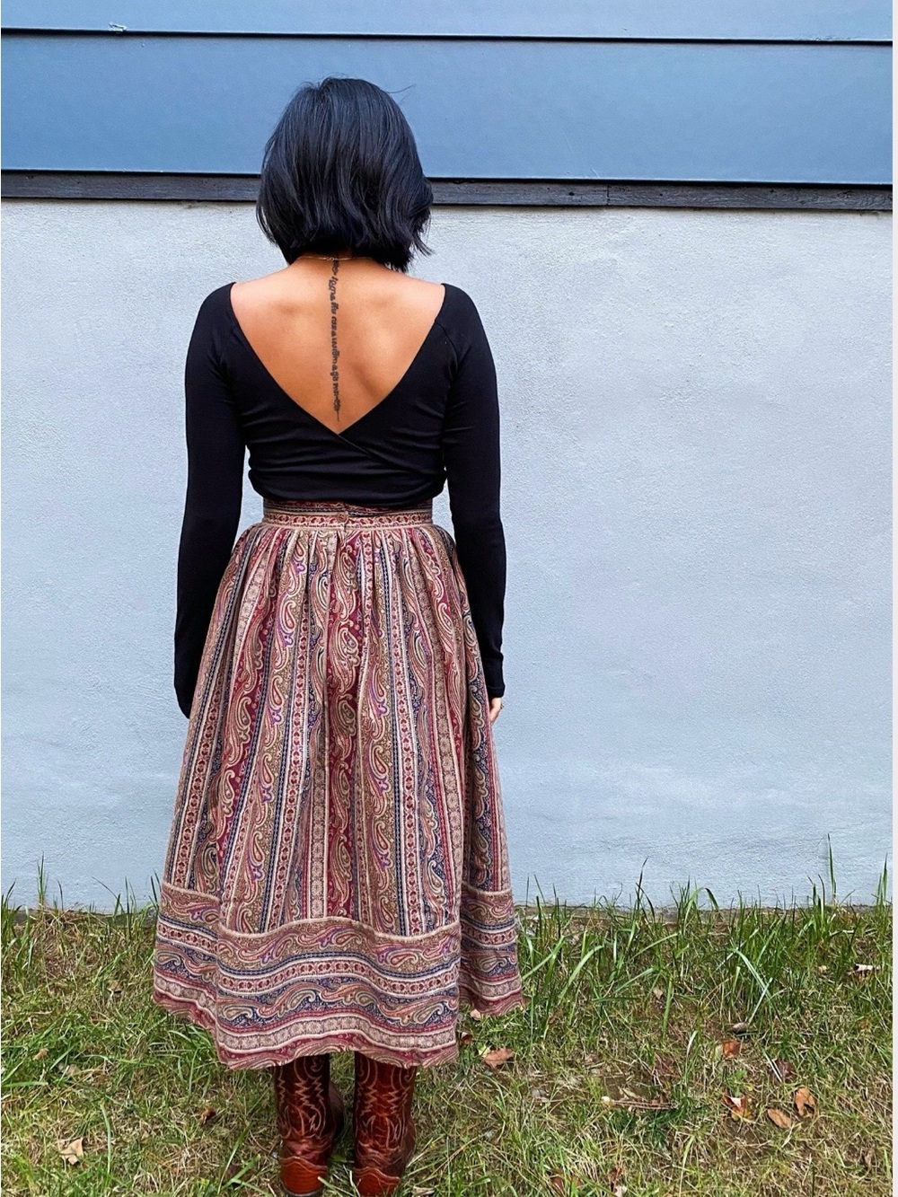 Simon Chang Paisley-Panel wool Skirt in Burgundy and Tan so Ralph Lauren style